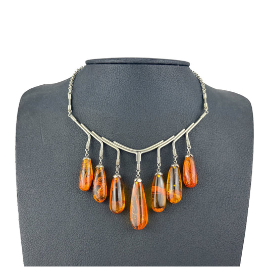 Vintage Baltic Amber Drop Necklace Silver Tone Modernist Design 38 cm 36.4 g