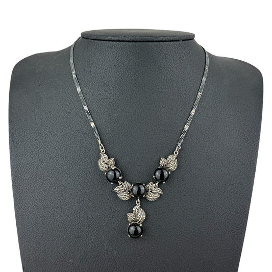 Vintage 925 Sterling Silver Marcasite & Black Onyx Necklace 48 cm – 22.2 g