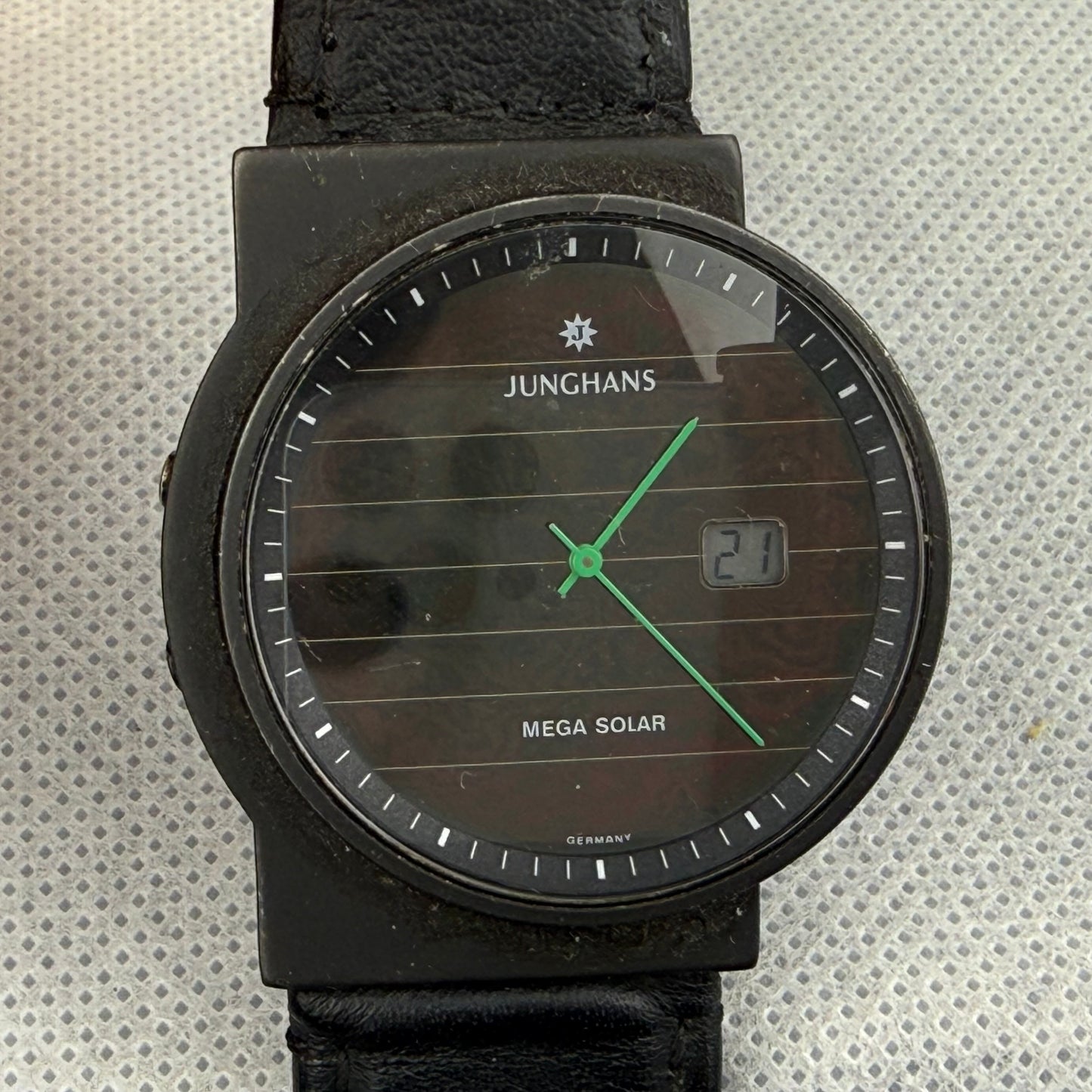 Junghans Mega Solar Radio Controlled Watch Black Leather Strap Date Display