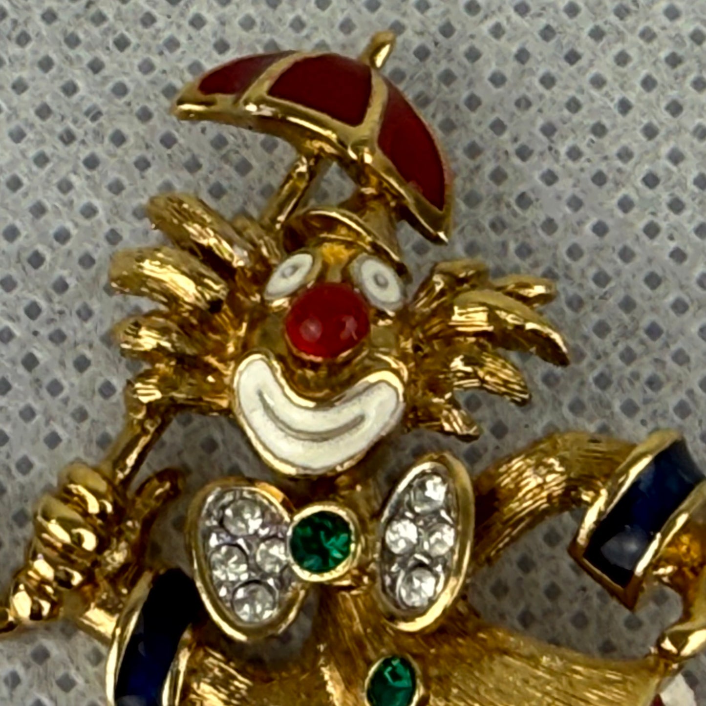Attwood & Sawyer Clown Brooch Umbrella Swarovski Crystals Enamel 22k Gold Plated Vintage