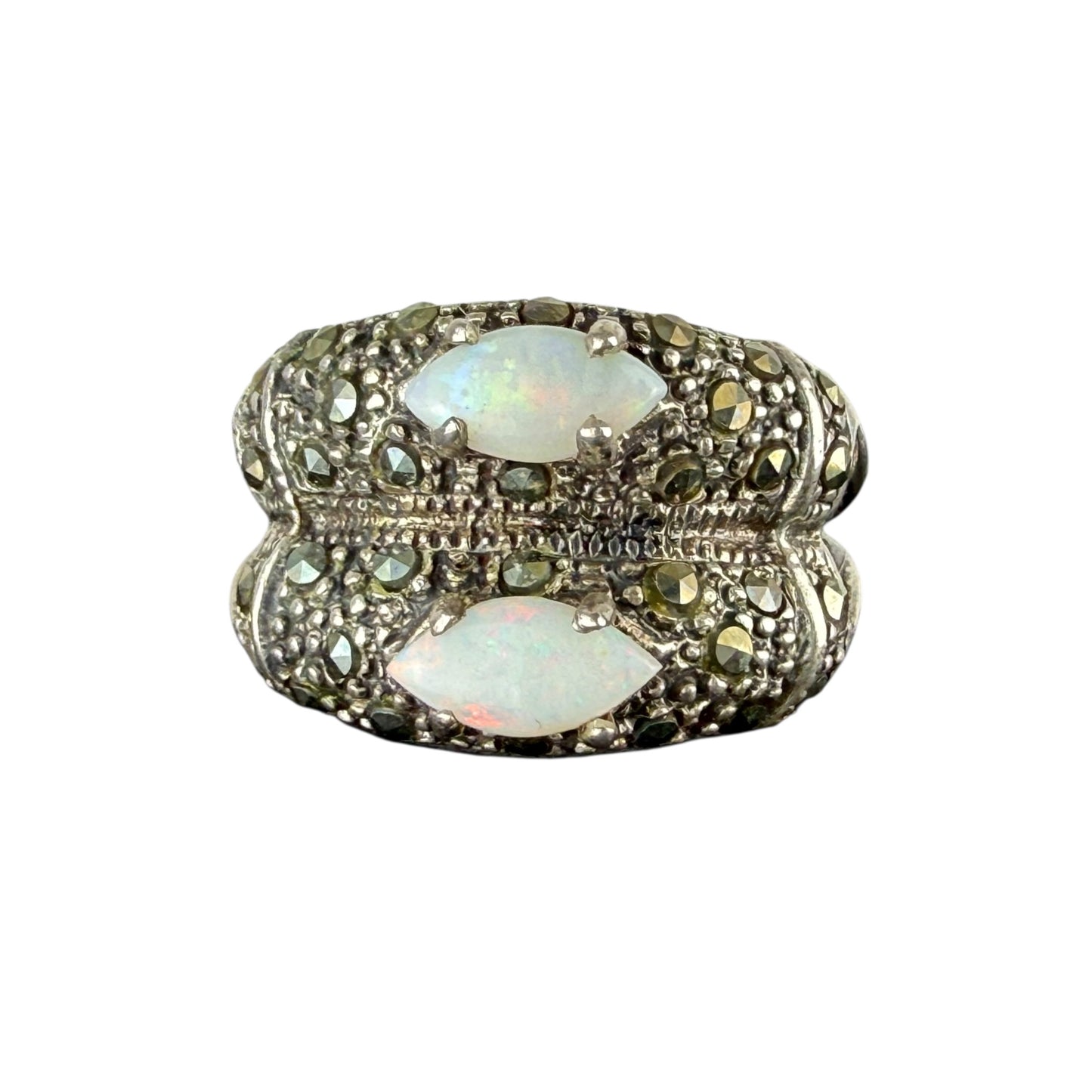 925 Sterling Silver Opal Marcasite Ring Vintage Art Deco Style Size 59