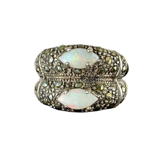 925 Sterling Silver Opal Marcasite Ring Vintage Art Deco Style Size 59