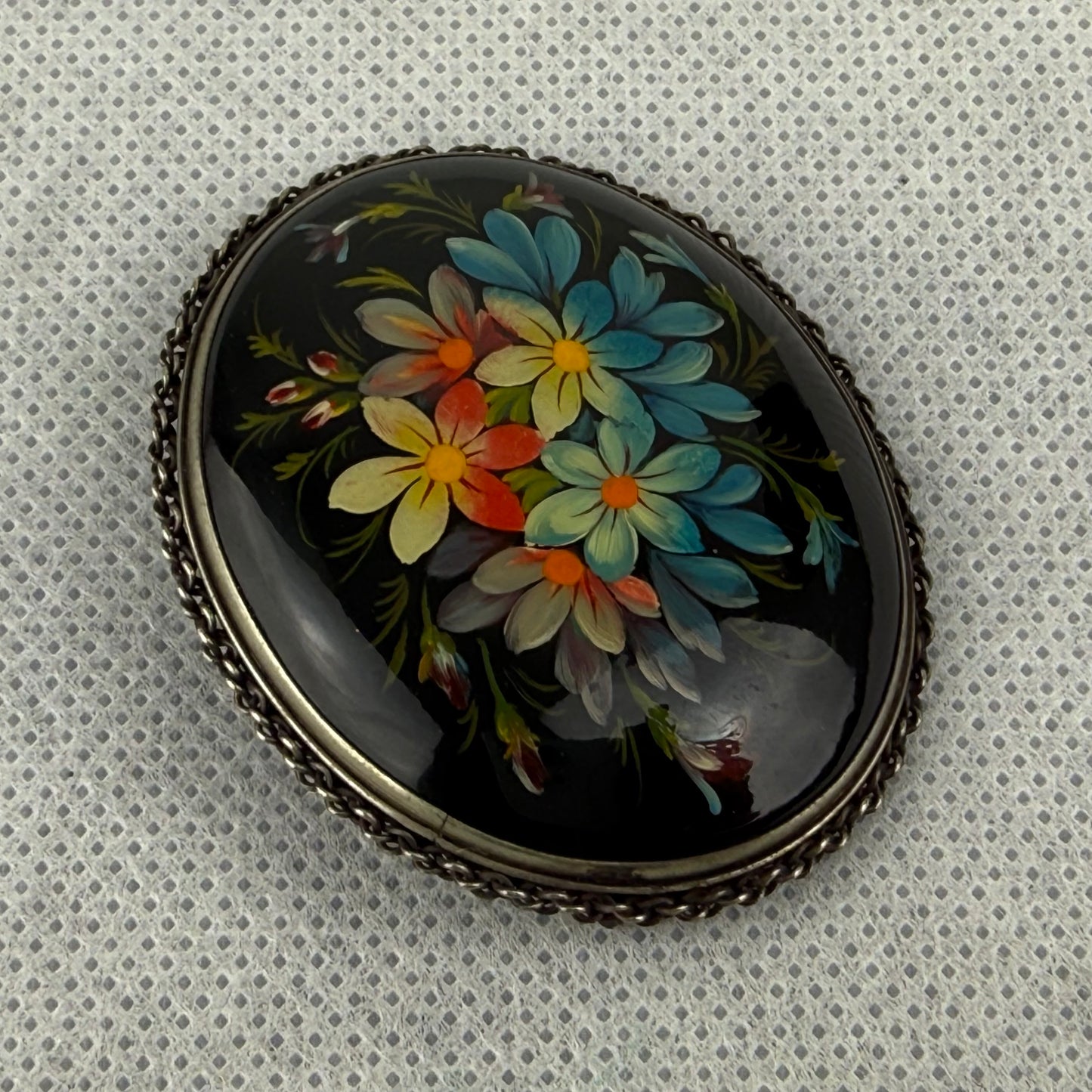 Vintage Hand Painted Floral Brooch Oval 5x4 cm Black Background Statement Pin Retro Jewelry