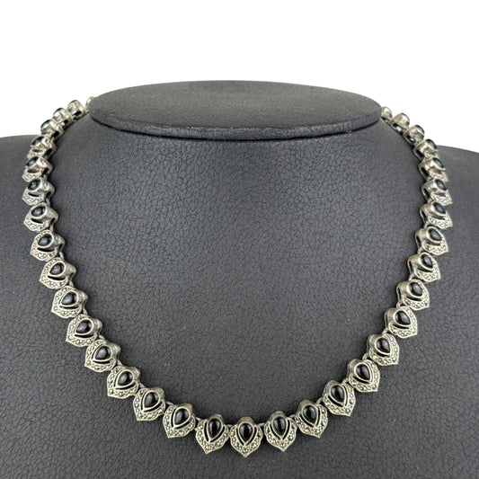 Vintage 925 Sterling Silver Necklace with Black Onyx & Marcasite – 48 cm – 65 g