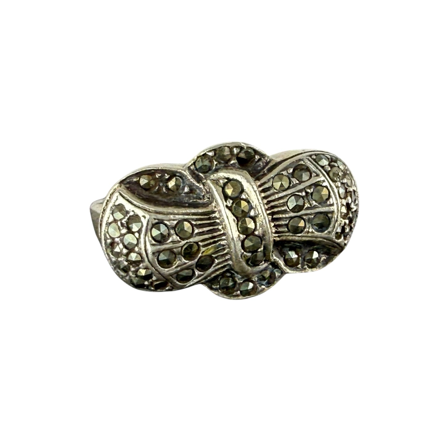 925 Sterling Silver Marcasite Bow Ring Vintage Art Deco Style Size 56