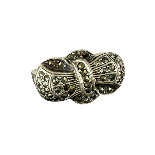 925 Sterling Silver Marcasite Bow Ring Vintage Art Deco Style Size 56