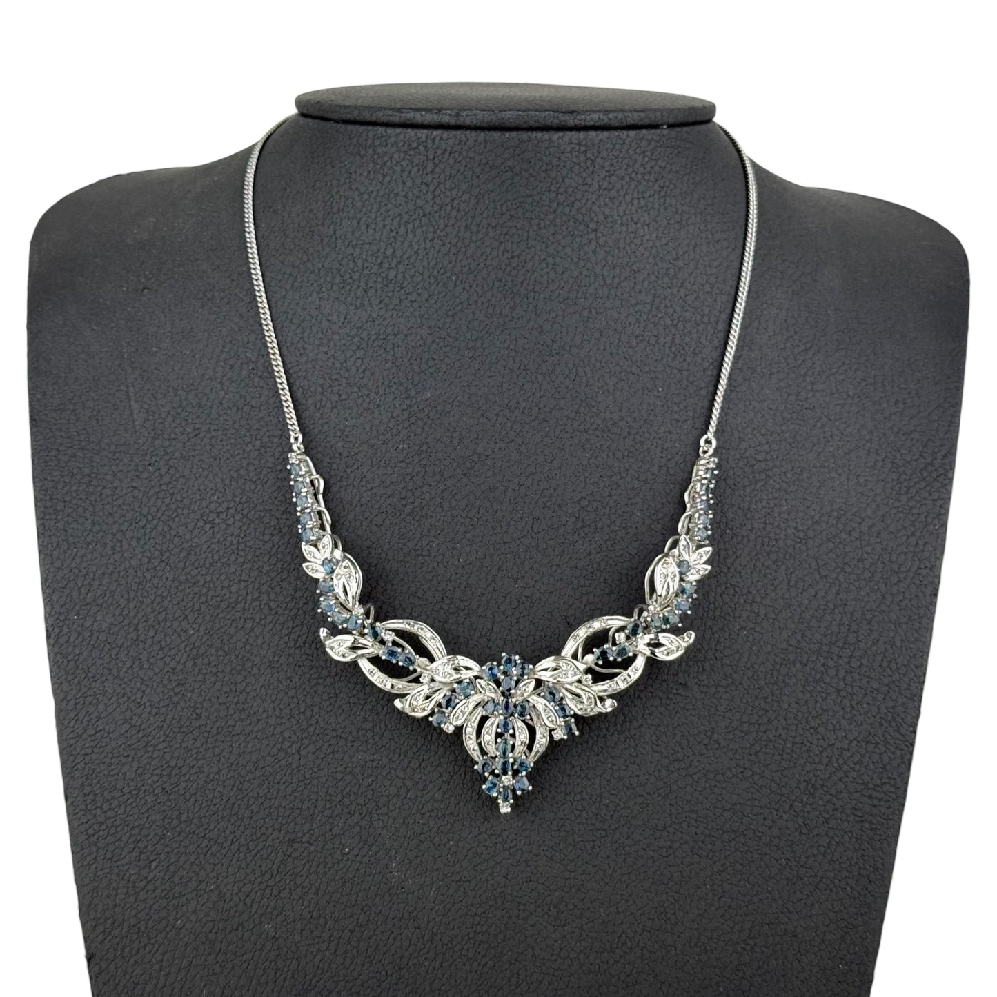 Vintage 925 Sterling Silver Blue Gemstone Necklace 48 cm – 27.3 g Floral Design