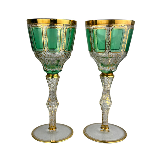 Pair Antique Bohemian Green Cut Crystal Goblets Moser Style Gold Gilt Wine Glasses 21cm