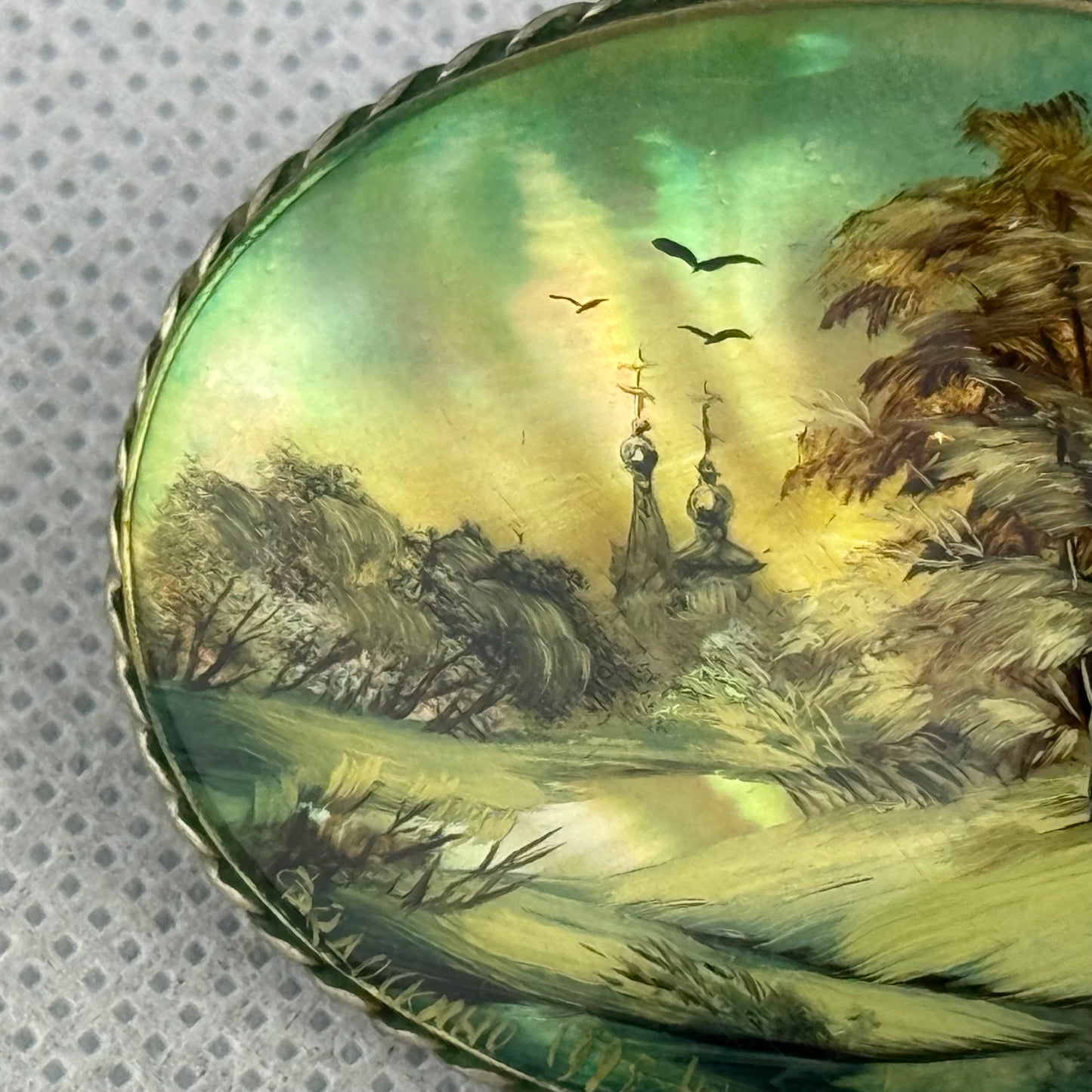 Vintage Hand Painted Mother of Pearl Brooch Silver Frame Landscape Miniature Russian Style Signed 5x4 cm