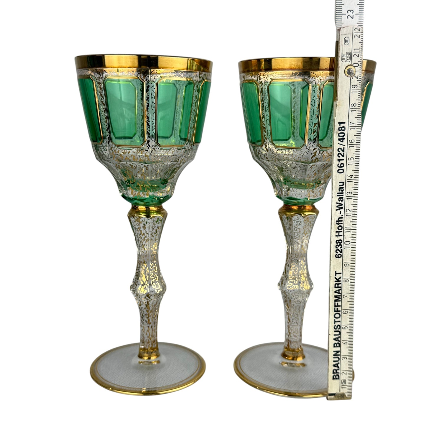 Pair Antique Bohemian Green Cut Crystal Goblets Moser Style Gold Gilt Wine Glasses 21cm