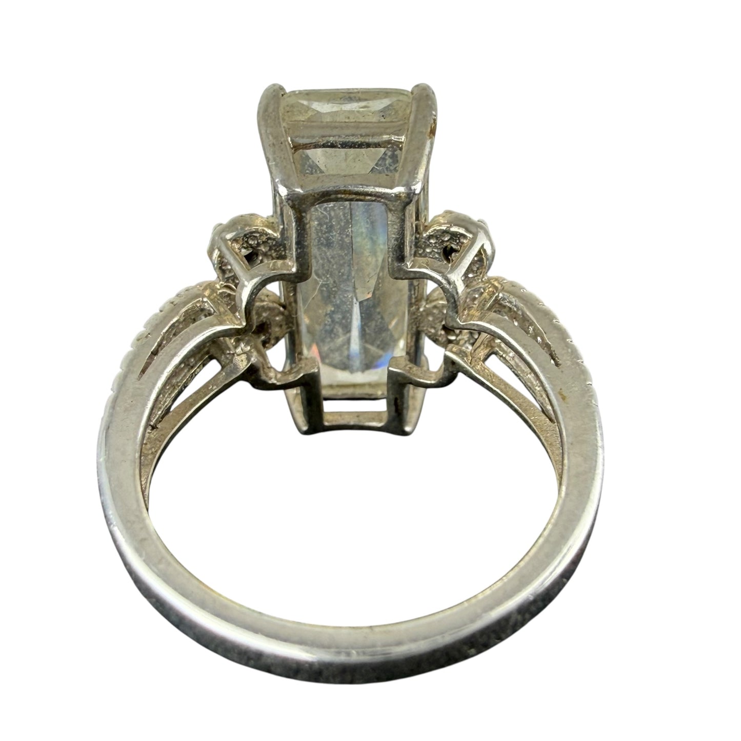 925 Sterling Silver Statement Ring Large Crystal Glass Stone Vintage Size 56