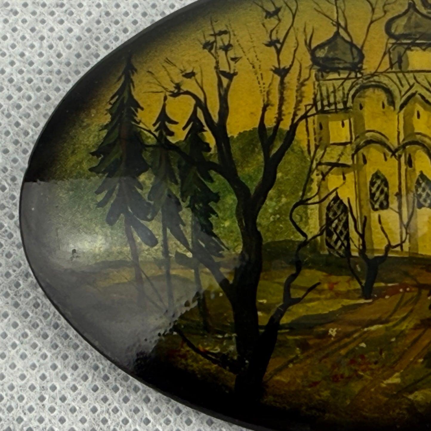 Vintage Fedoskino Lacquer Brooch Signed Popov Russian Hand Painted Church Landscape 7.5 x 5 cm