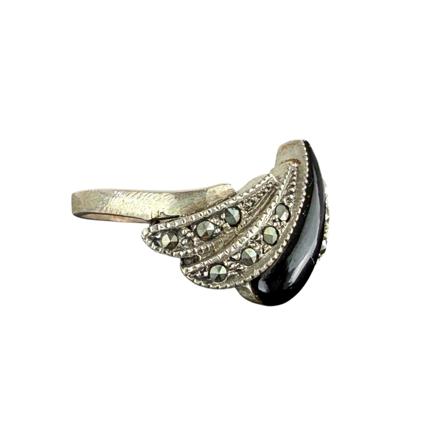 925 Sterling Silver Onyx Marcasite Art Deco Ring Size 59 Vintage Statement