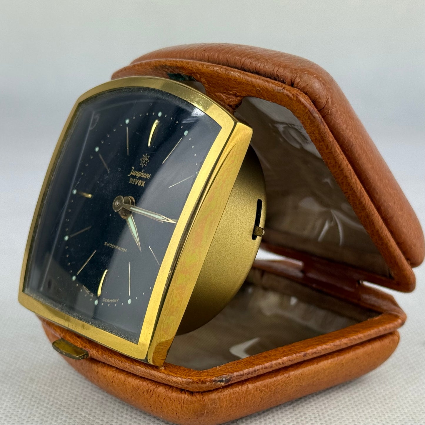 Junghans Bivox Vintage Travel Alarm Clock Black Dial Leather Case Germany
