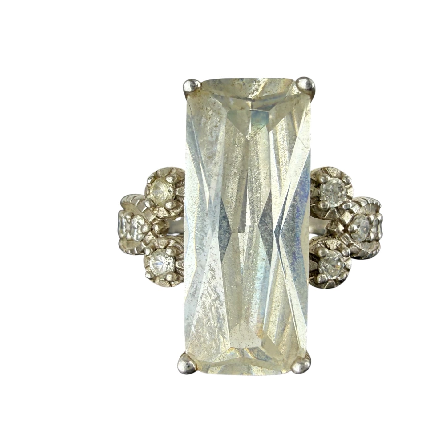 925 Sterling Silver Statement Ring Large Crystal Glass Stone Vintage Size 56