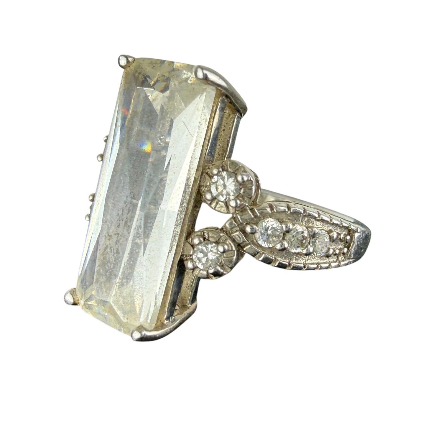 925 Sterling Silver Statement Ring Large Crystal Glass Stone Vintage Size 56