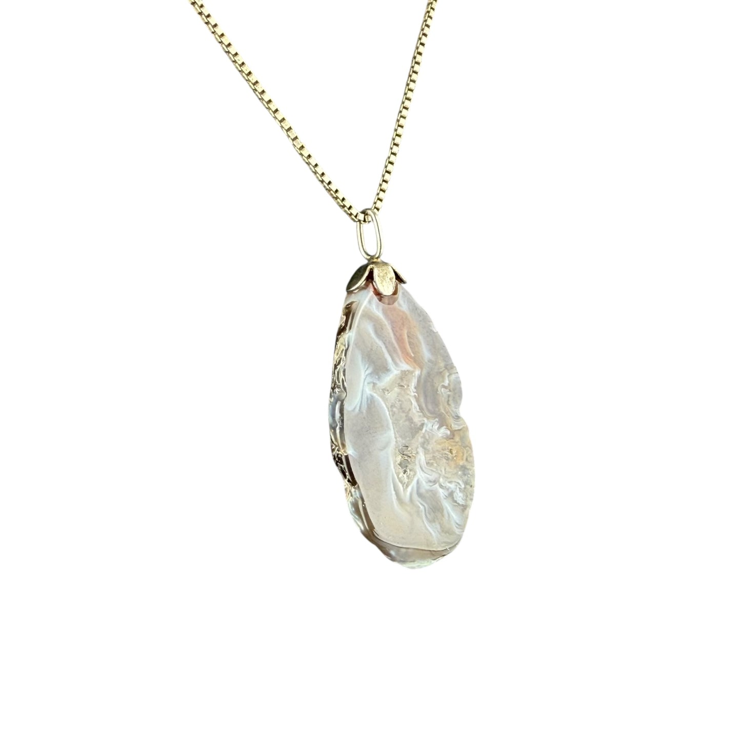 925 Sterling Silver Agate Pendant Necklace Large Natural Stone 48cm Vintage