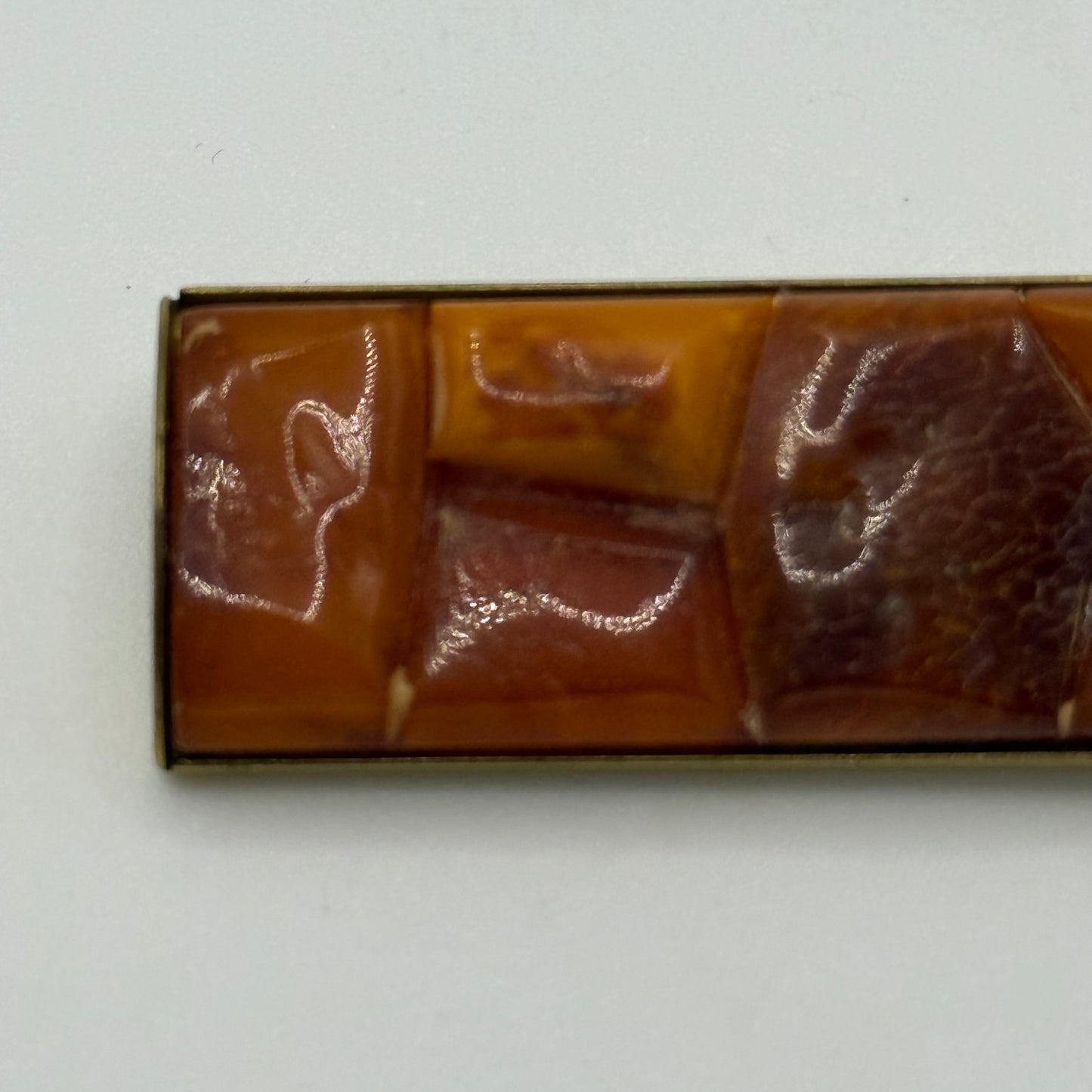 Vintage Natural Amber Mosaic Bar Brooch Art Deco Style Gold Tone Setting 8.8g