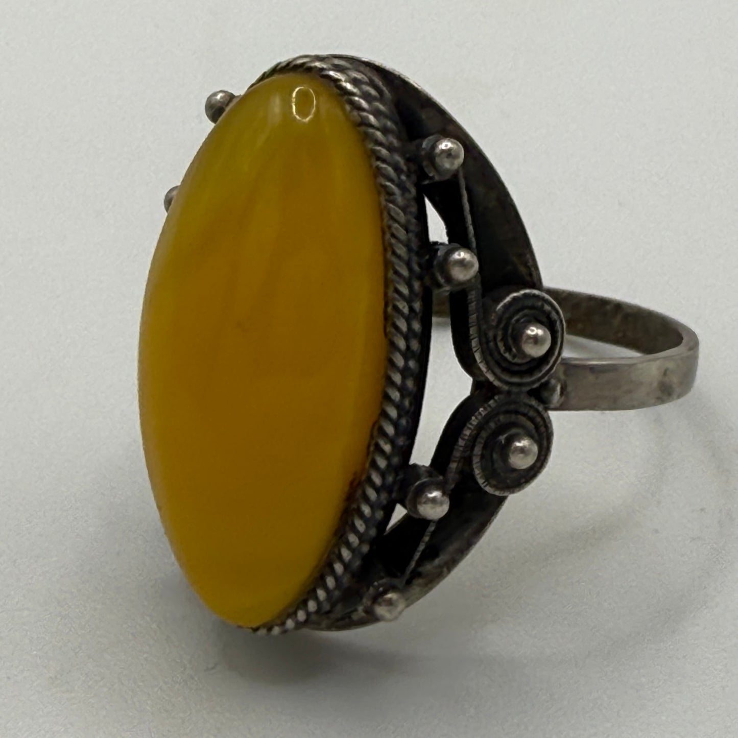Vintage Soviet Silver Ring 875 with Large Butterscotch Amber – USSR Era Statement Ring