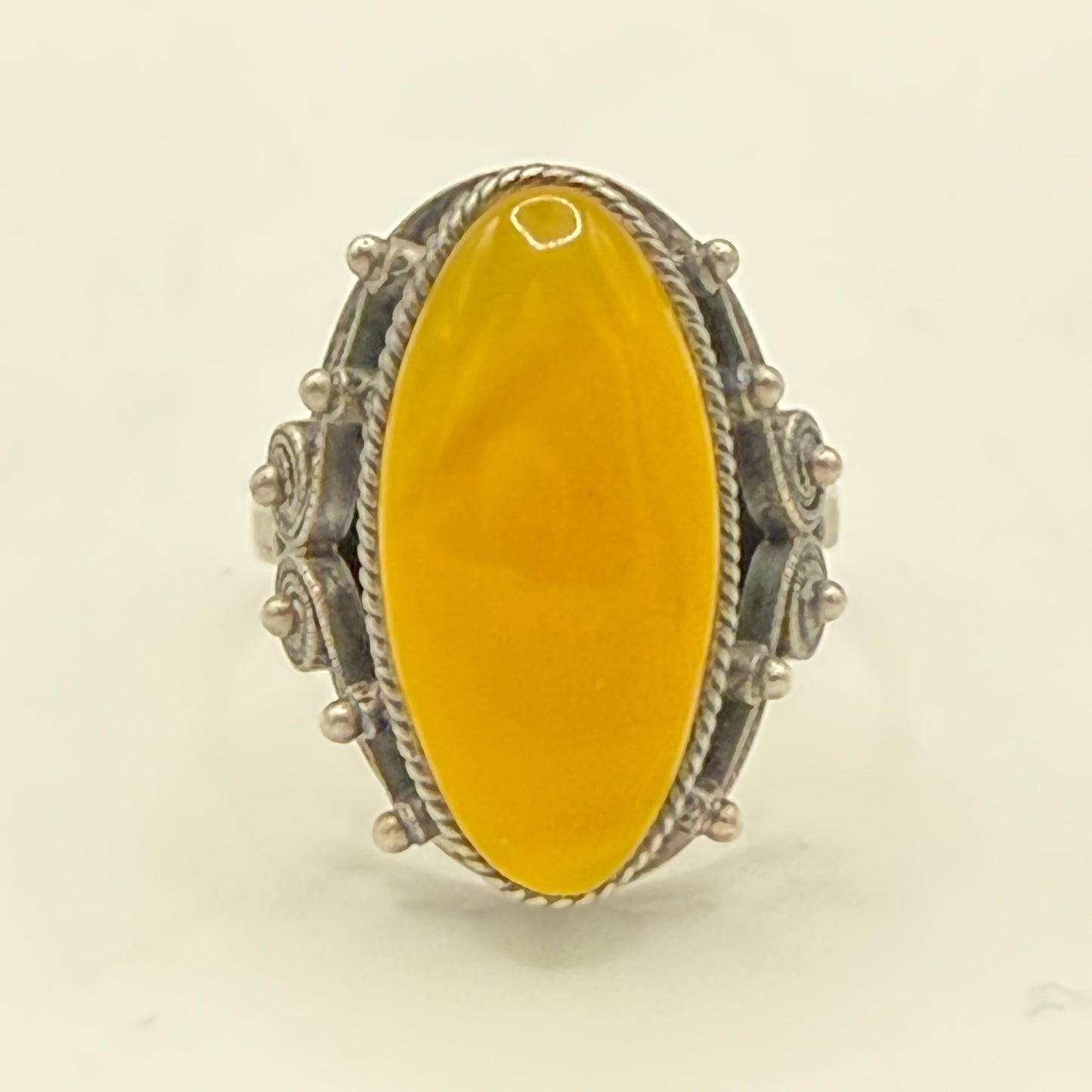 Vintage Soviet Silver Ring 875 with Large Butterscotch Amber – USSR Era Statement Ring