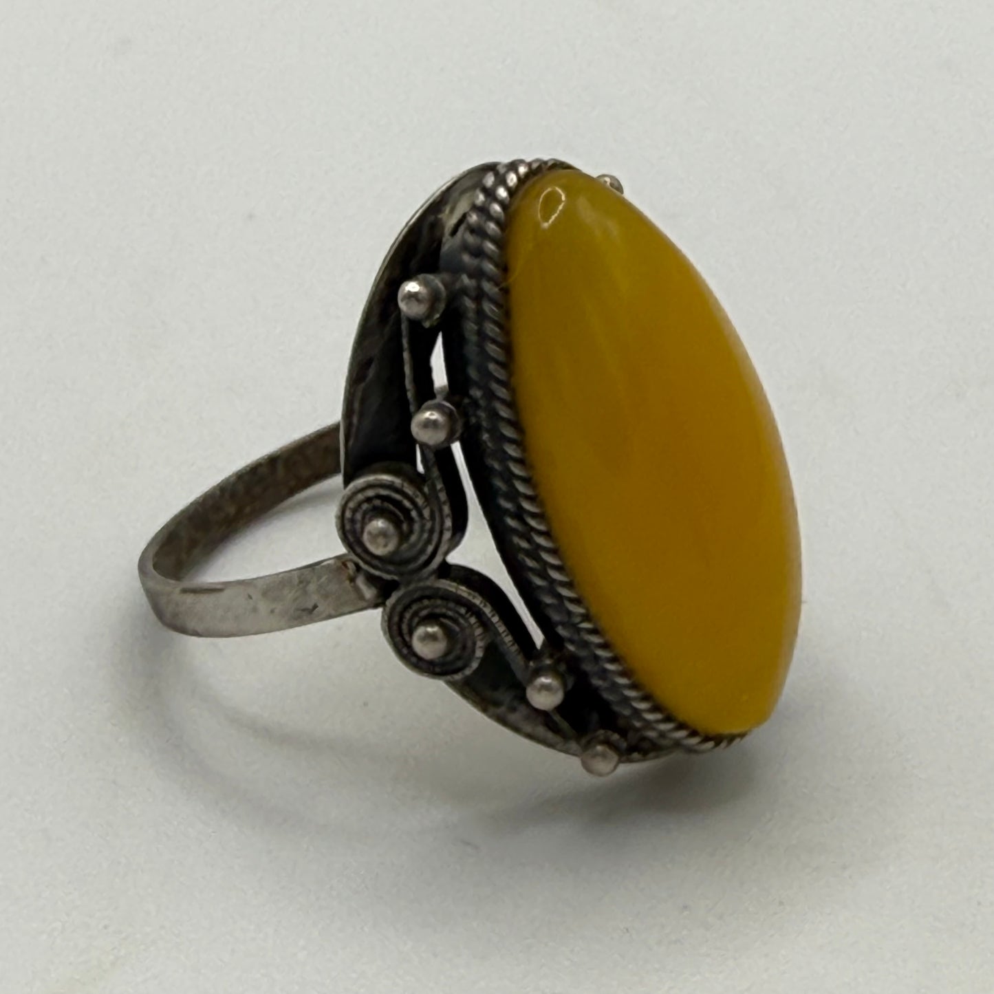 Vintage Soviet Silver Ring 875 with Large Butterscotch Amber – USSR Era Statement Ring