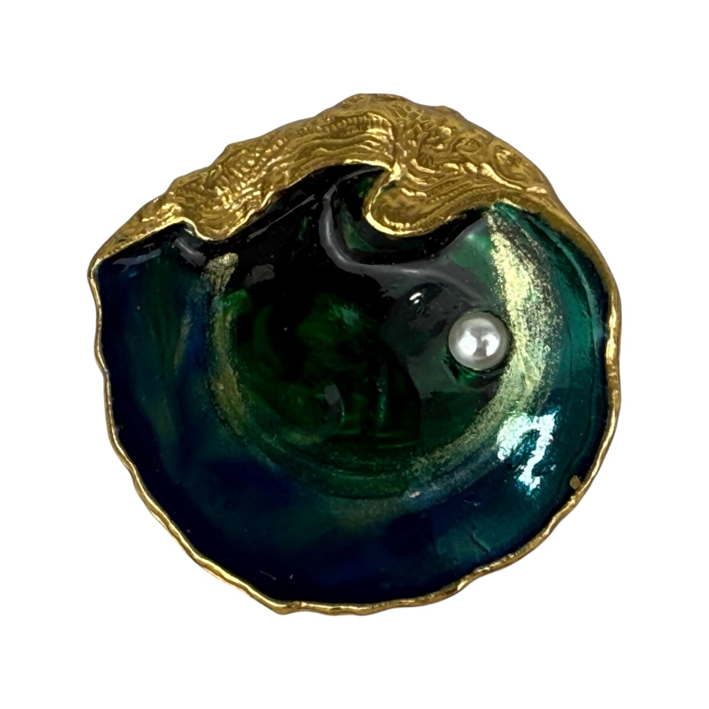 Vintage Gold Tone Oyster Shell Brooch Faux Pearl Enamel Statement Jewelry