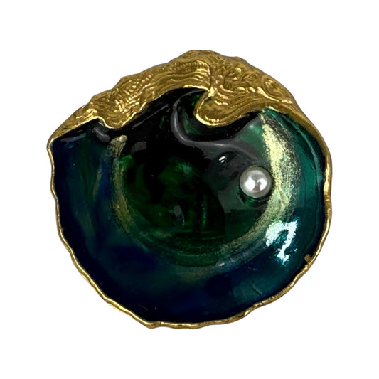 Vintage Gold Tone Oyster Shell Brooch Faux Pearl Enamel Statement Jewelry