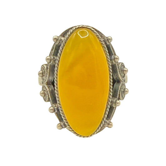 Vintage Soviet Silver Ring 875 with Large Butterscotch Amber – USSR Era Statement Ring